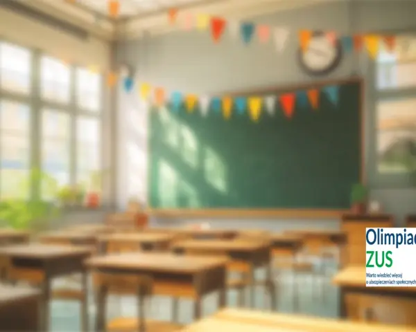 Pusta klasa z ławkami i tablicą, ozdobiona girlandą. Logo "Olimpiada ZUS" sugeruje, że to miejsce przygotowań do wiedzy o ubezpieczeniach.