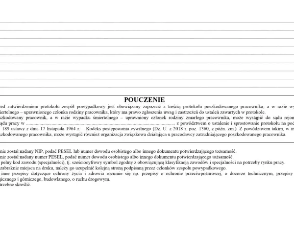 Instrukcja do protokołu powypadkowego: zapoznanie z treścią, dane poszkodowanego, możliwość odwołania do sądu.