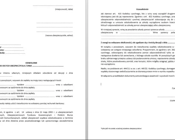 Odwołanie od decyzji ubezpieczyciela, wzywające do zapłaty odszkodowania i zadośćuczynienia. Decyzja administracyjna jest podstawą do dalszych działań.