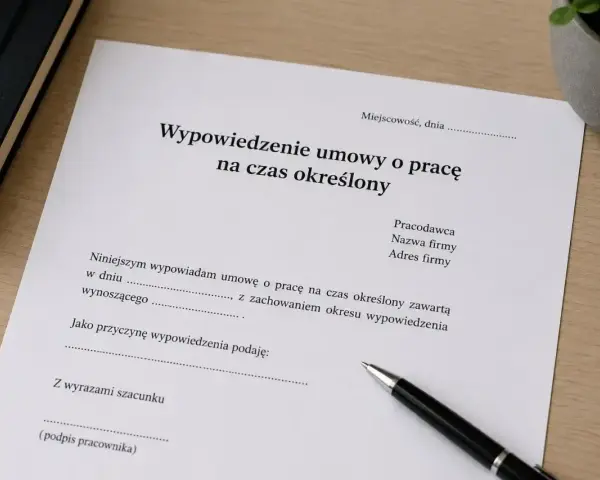 Dokument "Wypowiedzenie umowy o pracę na czas określony" leży na biurku obok długopisu i notatnika.