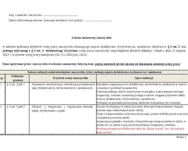Arkusz samooceny nauczyciela zgodny z rozporządzeniem w sprawie oceny pracy nauczyciela.