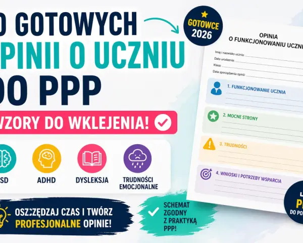 Gotowe wzory opinii o funkcjonowaniu dziecka w przedszkolu, obejmujące ASD, ADHD, dysleksję i trudności emocjonalne.