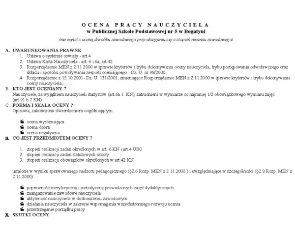 Ocena pracy nauczyciela mianowanego w Publicznej Szkole Podstawowej nr 5 w Bogatyni. Dokument określa kryteria, formę i skalę oceny.