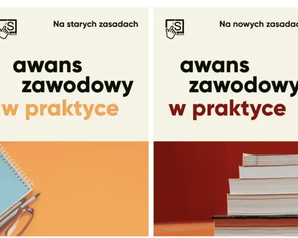 Dwa panele o awansie zawodowym. Lewy: "Na starych zasadach", zeszyt i przybory. Prawy: "Na nowych zasadach", stos książek. Idealne dla nauczyciela mianowanego.