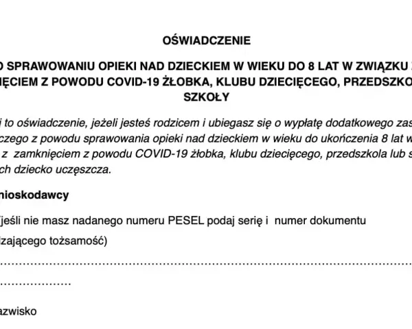 Oświadczenie o sprawowaniu opieki nad dzieckiem do 8 lat z powodu zamknięcia placówki. Wniosek o zasiłek opiekuńczy.