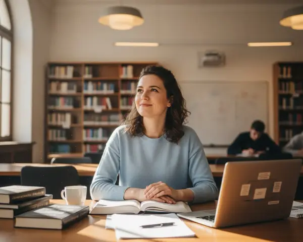 Studentka z uśmiechem na twarzy, otoczona książkami i laptopem, w bibliotece. Jej przygotowanie pedagogiczne przynosi jej satysfakcję.