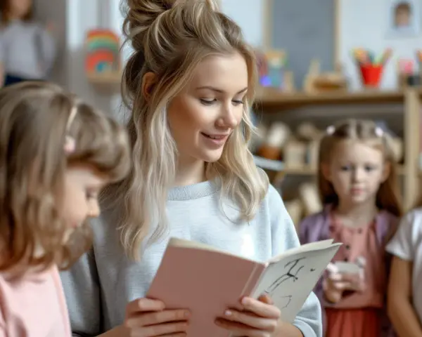 Nauczycielka czyta dzieciom bajkę. Zastanawiasz się, ile zarabia nauczyciel w przedszkolu? To praca pełna pasji, ale też wyzwań.