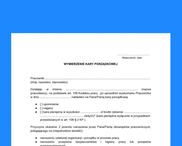 Dokument "Wymierzenie kary porządkowej" dla pracownika, który nie przeszedł szkolenie bhp.