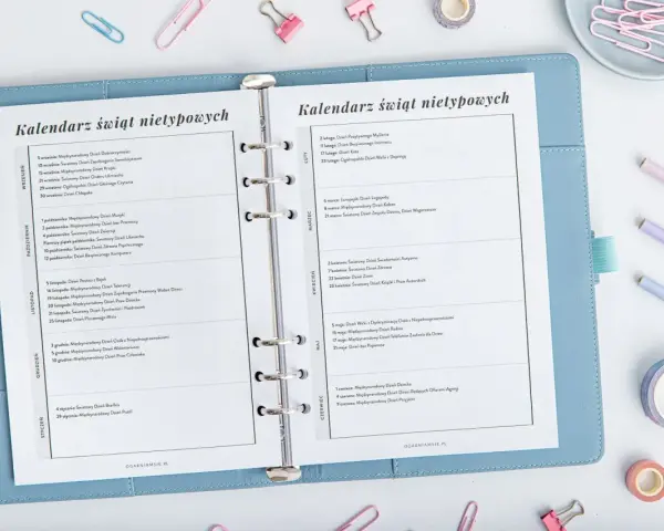Kalendarz świąt nietypowych, z wpisami na wrzesień, październik i listopad. 1 września to początek roku szkolnego i czas na planowanie.