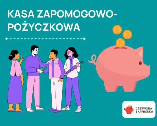 Kasa zapomogowo-pożyczkowa: ludzie zawierają umowę, a obok różowa świnka-skarbonka przyjmuje monety.