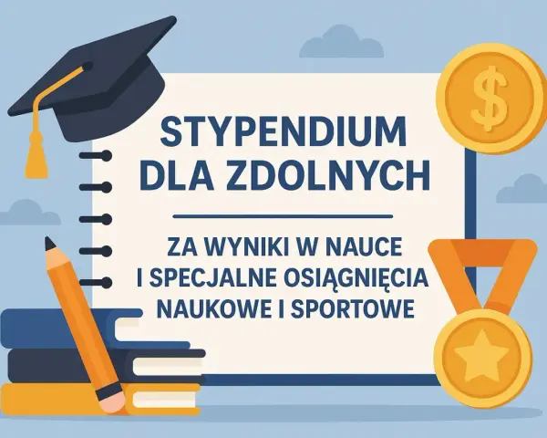 Stypendium w szkole podstawowej dla zdolnych uczniów za wyniki w nauce i osiągnięcia. Dyplom, biret, ołówek, książki, medale i moneta z dolarem.