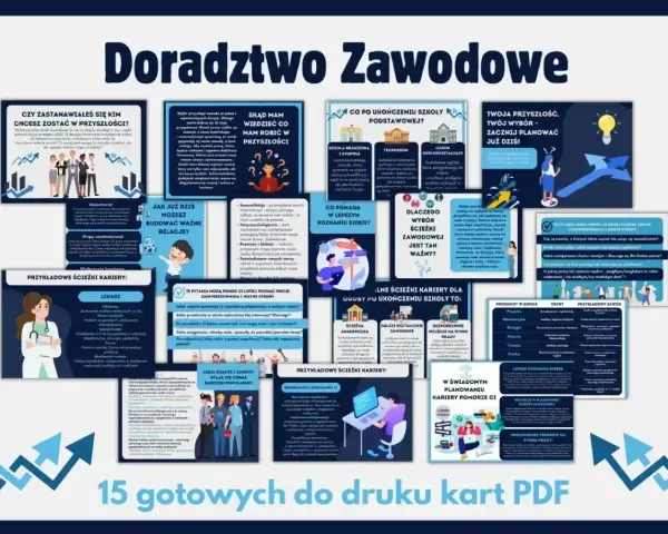 Plakat informacyjny o doradztwie zawodowym, zawierający karty PDF z poradami dla młodzieży. Pomaga w wyborze ścieżki edukacyjnej i kariery.