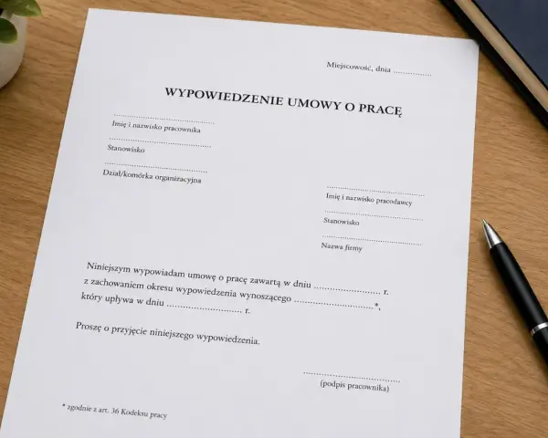 Dokument "Wypowiedzenie umowy o pracę" na biurku, gotowy do wypełnienia. To formalny krok w procesie rozwiązania umowy o pracę za wypowiedzeniem.