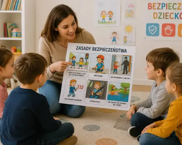 Nauczycielka omawia z dziećmi zasady bezpieczeństwa, pokazując ilustracje dotyczące przechodzenia przez ulicę, jazdy na rowerze i kontaktu z obcymi. Edukacja dla bezpieczeństwa jest kluczowa.
