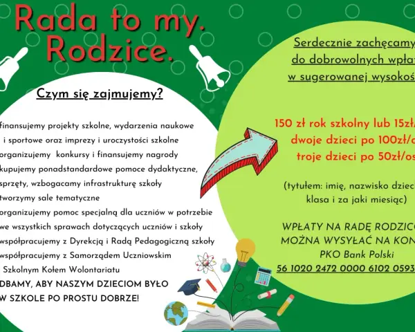 Rada Rodziców finansuje projekty, organizuje konkursy i dba o rozwój szkoły. Zachęcamy do dobrowolnych wpłat.