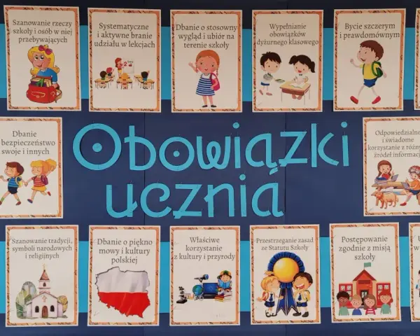 Tablica z ilustracjami przedstawiającymi obowiązki ucznia: punktualność, dbanie o bezpieczeństwo, szacunek, empatię i inne.