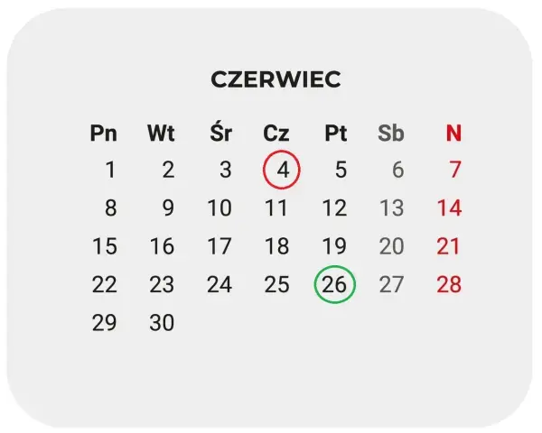 Kalendarz Czerwiec. 26 czerwca, kiedy kończy się rok szkolny, zaznaczone zieloną obwódką.