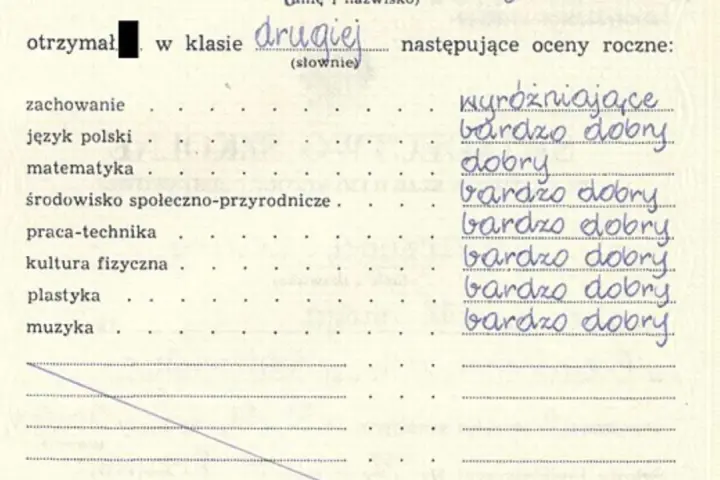 Świadectwo z ocenami rocznymi: zachowanie wyróżniające, język polski bardzo dobry, matematyka dobry. Zasady oceniania w drugiej klasie.