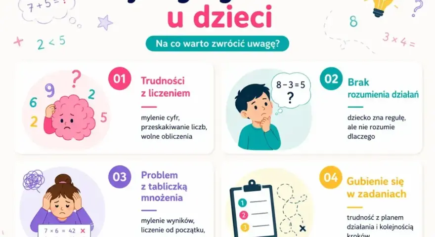 Objawy dyskalkulii u dzieci: trudności z liczeniem, brak rozumienia działań, problemy z tabliczką mnożenia, gubienie się w zadaniach.