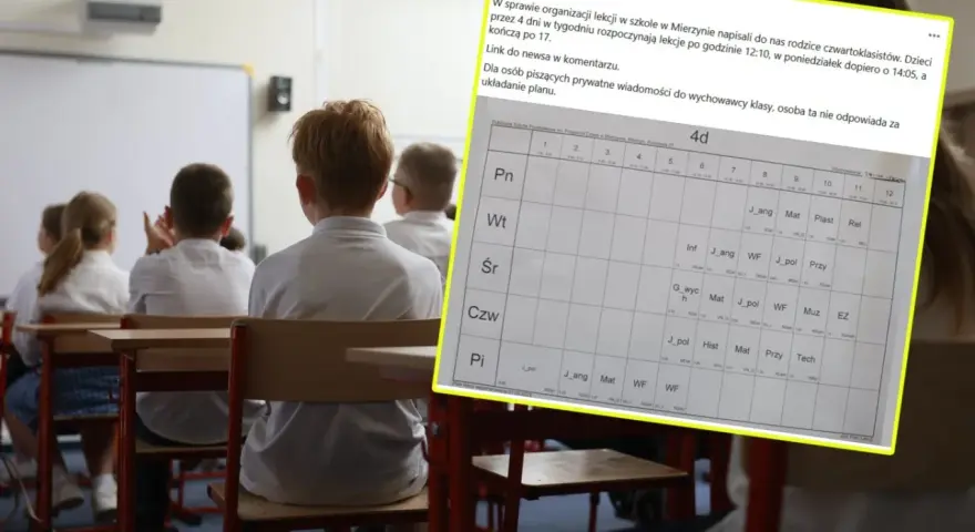 Uczniowie klasy 6 siedzą w ławkach, patrząc na plan lekcji. Widać zajęcia z języka angielskiego, matematyki i WF.