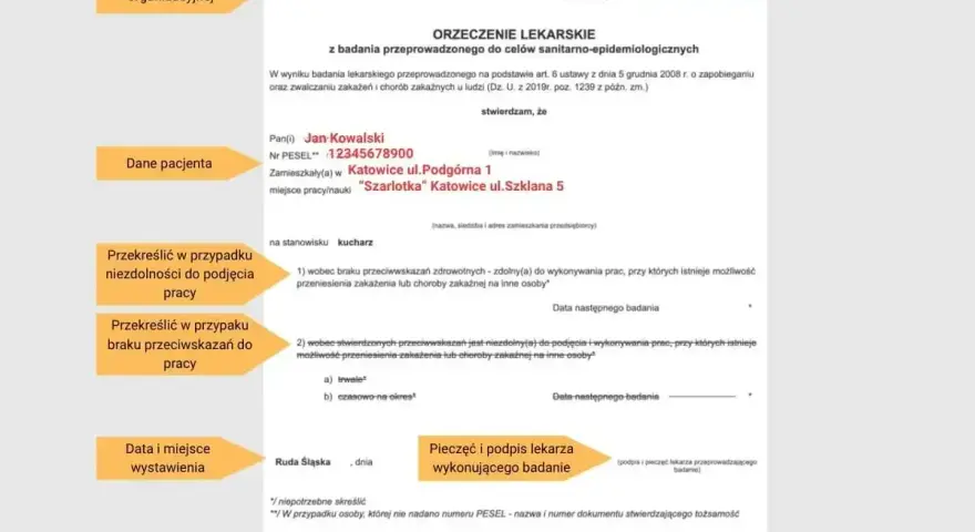 Orzeczenie lekarskie dla kucharza Jana Kowalskiego. Określa, ile jest ważna książeczka sanepidowska i czy istnieją przeciwwskazania do pracy.