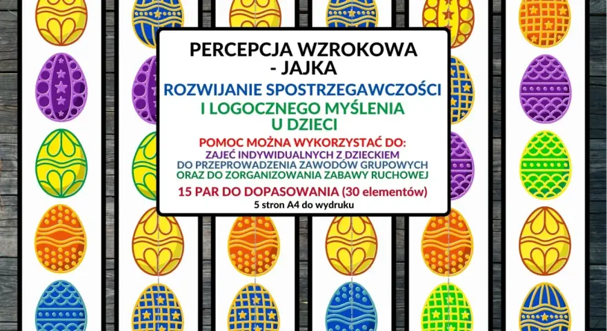 Kolorowe jajka wielkanocne do dopasowania, rozwijające percepcję wzrokową i spostrzegawczość u dzieci.