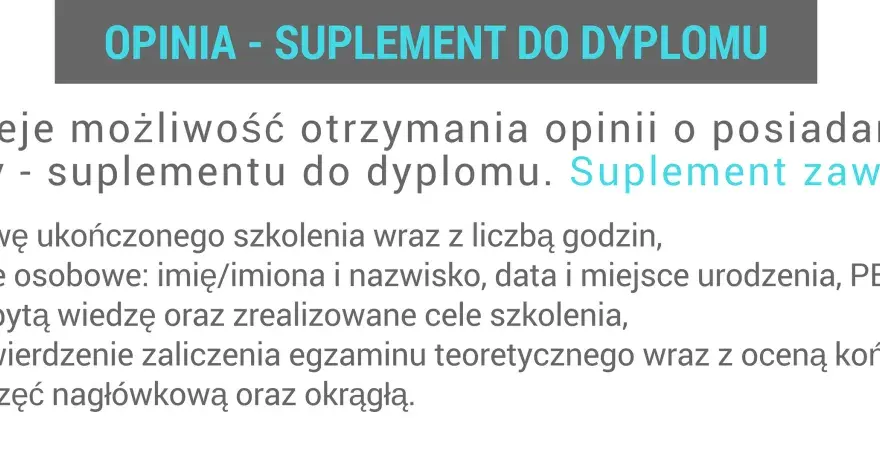 Opinia - suplement do dyplomu zawiera dane szkolenia, osobiste, wiedzę, ocenę egzaminu i pieczęcie.