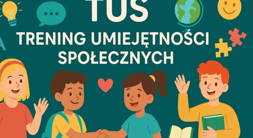Dzieci uczą się budować relacje podczas treningu umiejętności społecznych. Uśmiechy, podania dłoni i symbole przyjaźni.