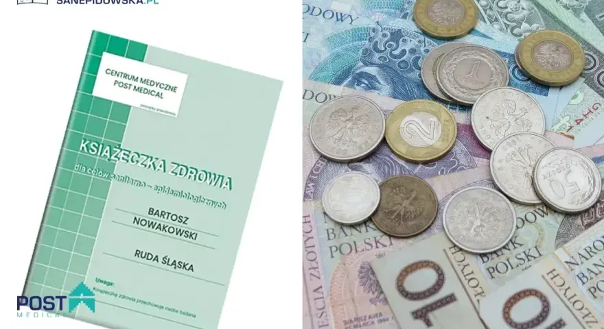 Książeczka zdrowia dla celów sanitarno-epidemiologicznych obok polskich monet i banknotów.