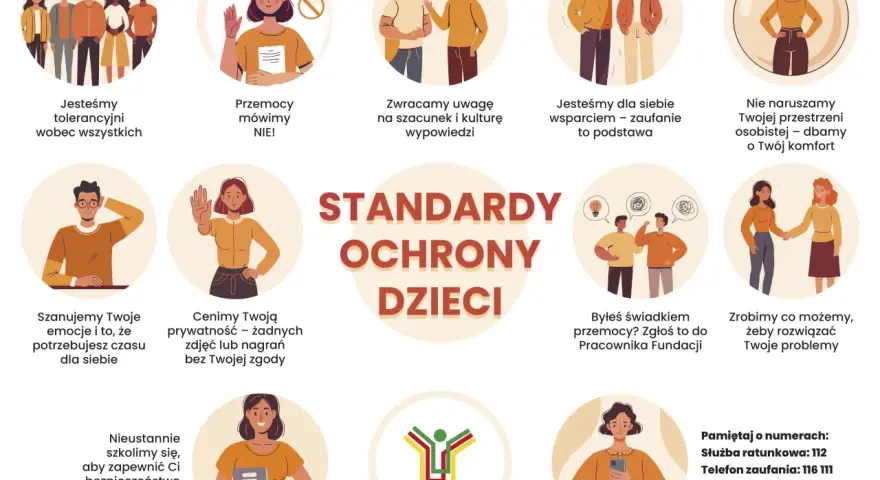 Grafika przedstawia zasady ochrony dzieci, w tym informacje o przemocy i szacunku. Nie ma tu wzmianki o rejestrze sprawców na tle seksualnym.