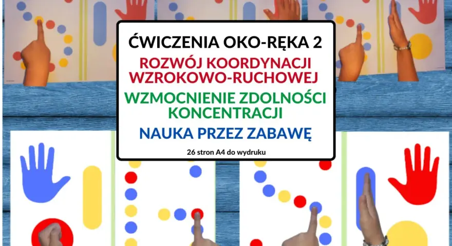 Ćwiczenia rozwijające koordynację wzrokowo-ruchową. Dzieci wskazują palcami kolorowe kropki na kartach.