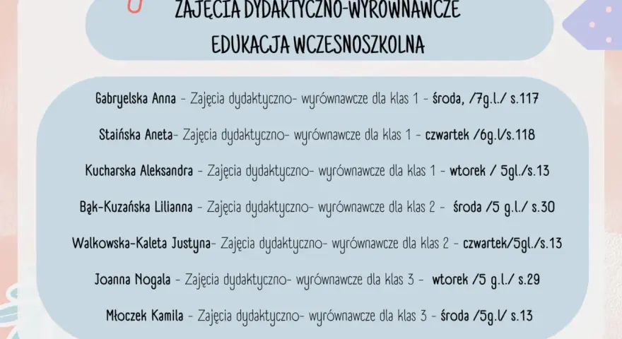 Lista zajęć pozalekcyjnych: dydaktyczno-wyrównawczych dla edukacji wczesnoszkolnej, z podziałem na klasy, dni i sale.