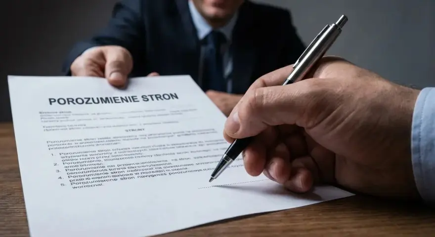 Uśmiechnięty mężczyzna podaje dokument "Porozumienie stron", a druga osoba podpisuje go.