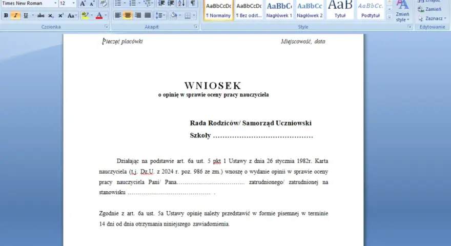 Wniosek o opinię w sprawie oceny pracy nauczyciela przedszkola. Dokument zawiera nagłówek "Wniosek o opinię w sprawie oceny pracy nauczyciela" i dane dotyczące Rady Rodziców.