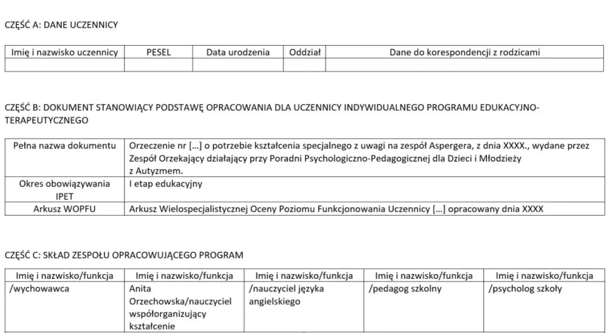 Formularz Indywidualnego Programu Edukacyjno-Terapeutycznego (IPET). Sekcja B zawiera informacje o orzeczeniu i etapie edukacyjnym.