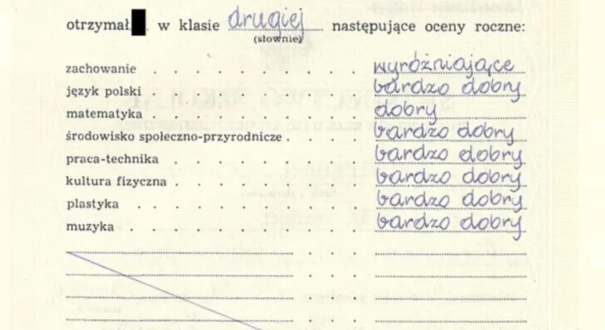 Świadectwo z ocenami rocznymi: zachowanie wyróżniające, język polski bardzo dobry, matematyka dobry. Zasady oceniania w drugiej klasie.