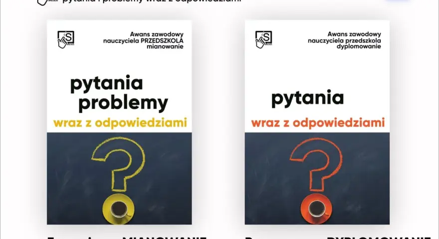 Dwa plakaty z pytajnikami narysowanymi kredą na tablicy i filiżankami kawy.