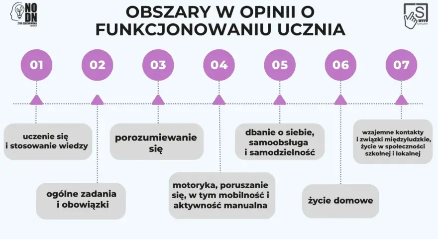 Obszary w opinii o funkcjonowaniu ucznia: uczenie się, porozumiewanie się, dbanie o siebie, kontakty międzyludzkie, życie domowe.