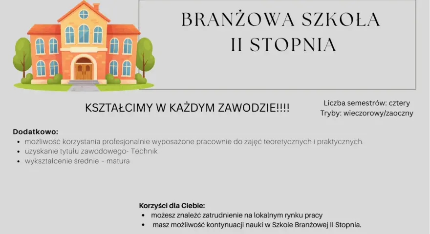 Szkoła Branżowa II Stopnia kształci w zawodach, oferując praktyczne pracownie i możliwość zdobycia tytułu technika.