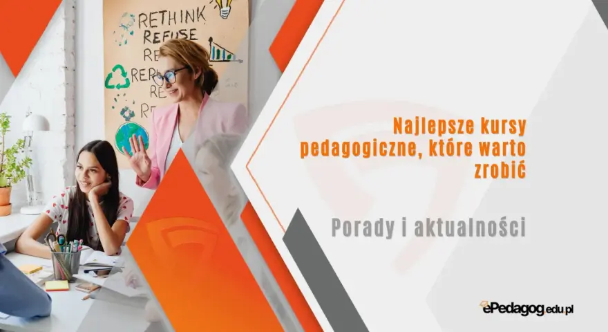 Nauczycielka prowadzi kurs pedagogiczny. Uczniowie słuchają z uwagą. Na plakacie hasła "Rethink, Refuse, Repurpose".