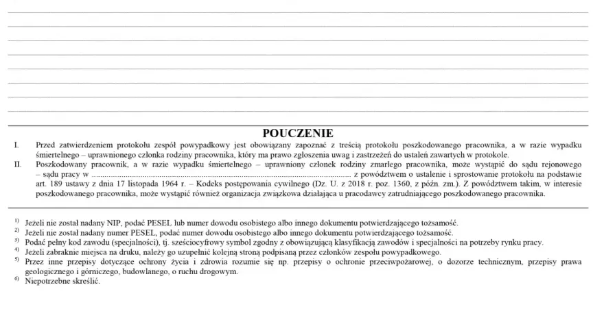 Instrukcja do protokołu powypadkowego: zapoznanie z treścią, dane poszkodowanego, możliwość odwołania do sądu.