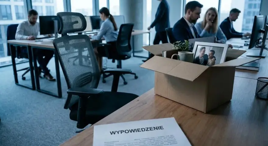 Pudełko z osobistymi rzeczami i zdjęcie pary na biurku, obok dokument "Wypowiedzenie". To symbol likwidacji stanowiska pracy.