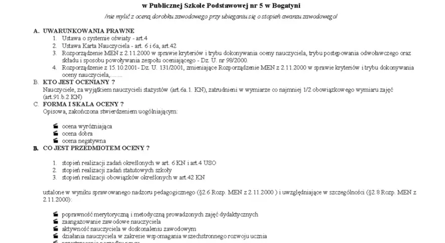 Ocena pracy nauczyciela mianowanego w Publicznej Szkole Podstawowej nr 5 w Bogatyni. Dokument określa kryteria, formę i skalę oceny.