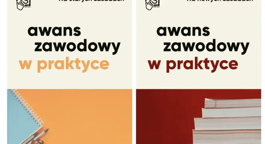 Dwa panele o awansie zawodowym. Lewy: "Na starych zasadach", zeszyt i przybory. Prawy: "Na nowych zasadach", stos książek. Idealne dla nauczyciela mianowanego.