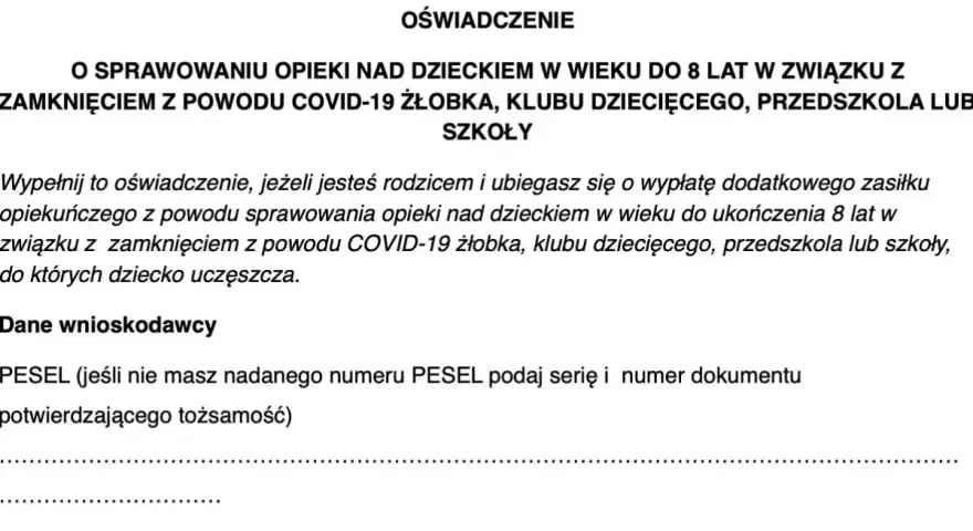 Oświadczenie o sprawowaniu opieki nad dzieckiem do 8 lat z powodu zamknięcia placówki. Wniosek o zasiłek opiekuńczy.