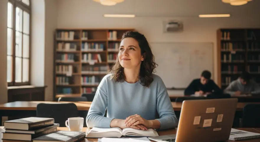 Studentka z uśmiechem na twarzy, otoczona książkami i laptopem, w bibliotece. Jej przygotowanie pedagogiczne przynosi jej satysfakcję.