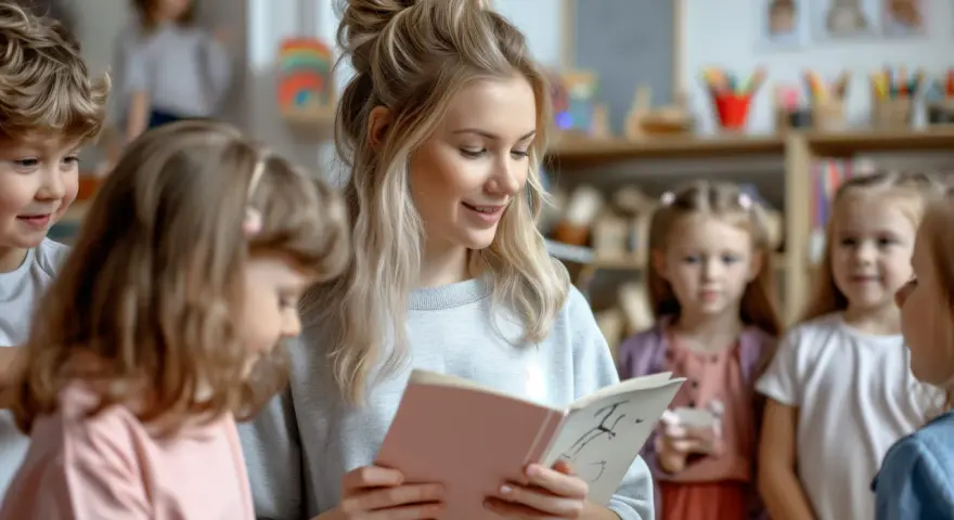 Nauczycielka czyta dzieciom bajkę. Zastanawiasz się, ile zarabia nauczyciel w przedszkolu? To praca pełna pasji, ale też wyzwań.