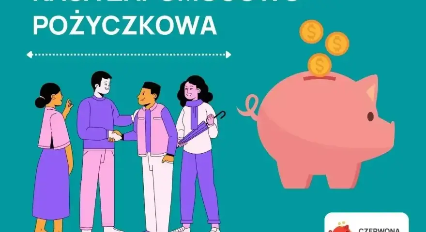 Kasa zapomogowo-pożyczkowa: ludzie zawierają umowę, a obok różowa świnka-skarbonka przyjmuje monety.