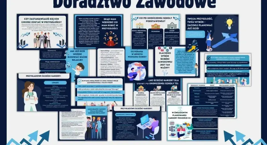 Plakat informacyjny o doradztwie zawodowym, zawierający karty PDF z poradami dla młodzieży. Pomaga w wyborze ścieżki edukacyjnej i kariery.