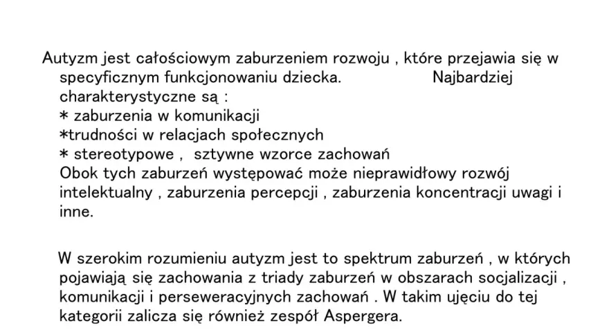 Charakterystyka autyzmu i zespołu Aspergera: trudności w komunikacji, relacjach społecznych i stereotypowe zachowania.